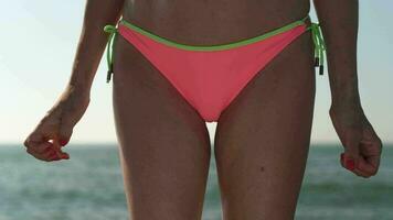 de cerca frente ver Delgado mujer en rosado bikini fondo en pie en antecedentes ola de Oceano video