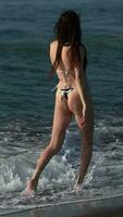 posterior ver irreconocible mujer en bikini caminando en negro arenoso playa tobillo profundo en rotura olas video