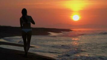 Delgado mujer en blanco bikini camina en playa en rotura olas de Oceano a amanecer en verano Mañana video