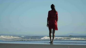 posteriore Visualizza di donna a piedi su sabbioso spiaggia. sottile donna nel vestito nel rosso bambino Bambola polka punto vestito video