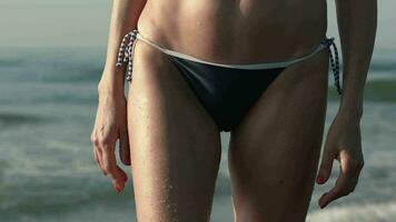 de cerca frente ver mujer en bikini fondo calma en pie en antecedentes rotura mar ola. lento movimiento video
