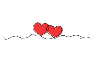 Two hearts continuous one line drawing of red hearts on white background. vector