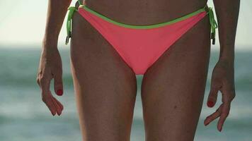 de cerca frente ver de mujer en rosado bikini fondo calma en pie en playa en antecedentes rotura ola de mar video