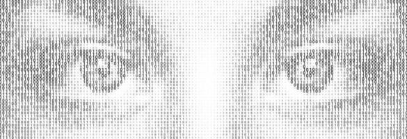 Halftone letter binary code pattern forming a pair of eyes. vector