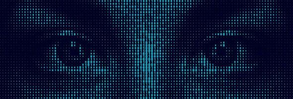 Halftone letter binary code pattern forming a pair of eyes. Coding language symbols forming a human form. Artificial intelligence technology futuristic background. vector