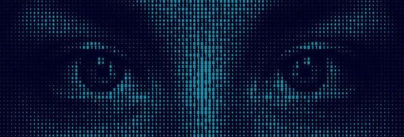 Halftone letter binary code pattern forming a pair of eyes. Coding language symbols forming a human form. Artificial intelligence technology futuristic background. vector