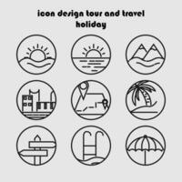 conjunto de viaje y vacaciones íconos en Delgado línea estilo. vector ilustración