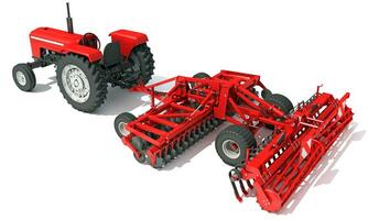 Farm Tractor with Trailed Disc Harrow 3D rendering on white background photo