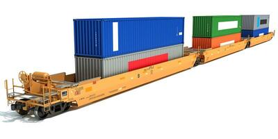 Double Stack train Cars with Containers 3D rendering on white background photo