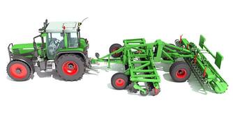 Farm Tractor with Trailed Disc Harrow 3D rendering on white background photo