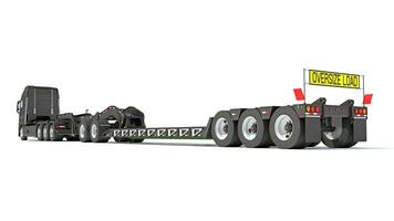 Semi Truck with Lowboy Platform Trailer 3D rendering on white background photo