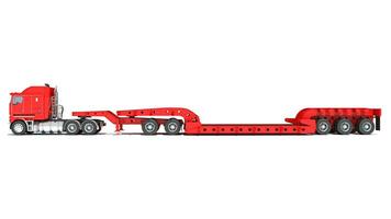 Semi Truck with Lowboy Platform Trailer 3D rendering on white background photo