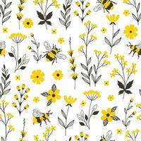 Seamless pattern with yellow flowers and bees. Vector graphics.