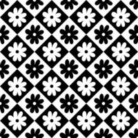 Seamless diamond black and white pattern with flowers. Vector graphics.