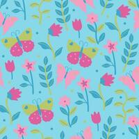 Simple seamless pattern with butterflies and flowers. Vector graphics.