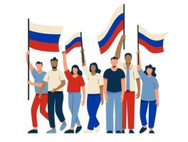 People with Russian flags at the rally. Russians are protesting. Elections, voting, freedom and rights. Vector illustration