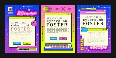 Set of posters. the screen of an old retro PC in the y2k style. Retro wave and vaporwave background. Bright vintage computer interface vector