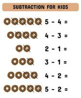 Subtraction game with donuts. Mathematics children educational game.  Study  subtraction for kids and toddlers. vector