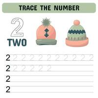Number Tracing and Writing tracing worksheet for kindergarten Learning number 2 with winter hats for counting. Educational children game, printable worksheet. Vector illustration