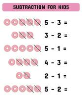 Subtraction game with donuts. Mathematics children educational game.  Study  subtraction for kids and toddlers. vector