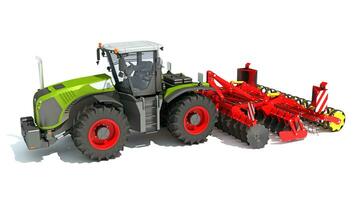 Farm Tractor with Compact Disc Harrow 3D rendering on white background photo