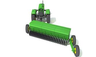 Tractor with Seed Drill farm equipment disc harrow 3D rendering on white background photo