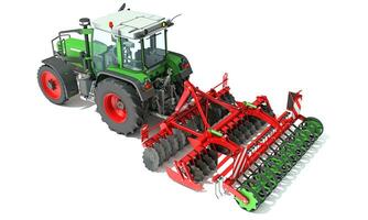 Tractor with Seed Drill farm equipment disc harrow 3D rendering on white background photo