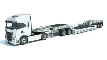 Semi Truck with Lowboy Platform Trailer 3D rendering on white background photo