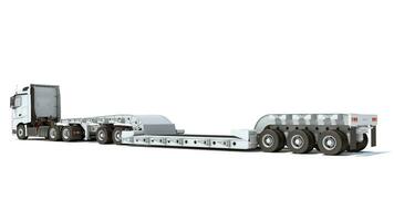 Semi Truck with Lowboy Platform Trailer 3D rendering on white background photo