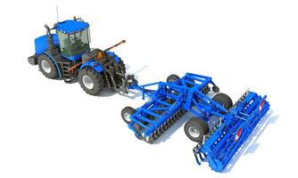 Tractor with Seed Drill farm equipment disc harrow 3D rendering on white background photo