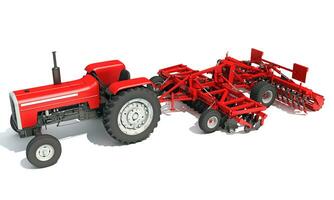 Farm Tractor with Trailed Disc Harrow 3D rendering on white background photo