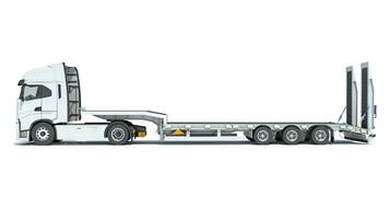 Semi Truck with Lowboy Platform Trailer 3D rendering on white background photo