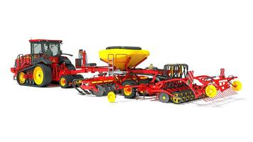 Tractor with Seed Drill farm equipment disc harrow 3D rendering on white background photo