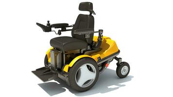 eléctrico poder silla de ruedas 3d representación en blanco antecedentes foto