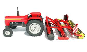 Farm Tractor with Trailed Disc Harrow 3D rendering on white background photo