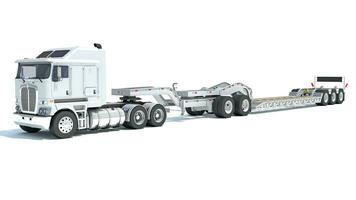 Truck with Lowboy Flatbed Trailer 3D rendering on white background photo