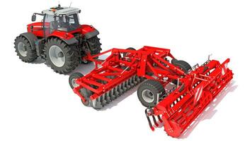 Farm Tractor with Seed Drill 3D rendering on white background photo