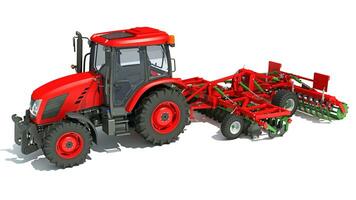 Tractor with Seed Drill farm equipment disc harrow 3D rendering on white background photo