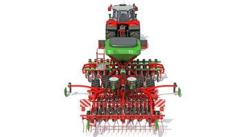 Farm Tractor with Seed Drill 3D rendering on white background photo