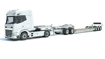 Truck with Lowboy Flatbed Trailer 3D rendering on white background photo