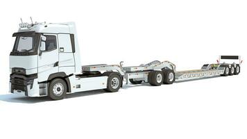 Semi Truck with Lowboy Platform Trailer 3D rendering on white background photo