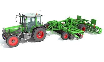 Farm Tractor with Trailed Disc Harrow 3D rendering on white background photo