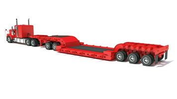 Red Heavy Truck with Lowboy Trailer 3D rendering on white background photo