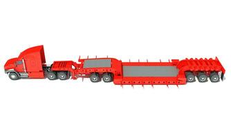 Semi Truck with Lowboy Platform Trailer 3D rendering on white background photo