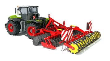 granja tractor con compacto Dto grada 3d representación en blanco antecedentes foto