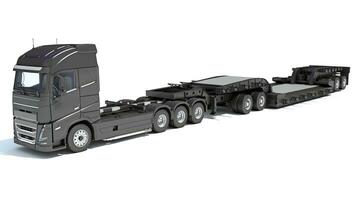 Semi Truck with Lowboy Platform Trailer 3D rendering on white background photo