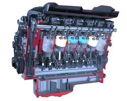 Cutaway V12 Engine pistons and crankshaft Ignition on black background 3D rendering photo