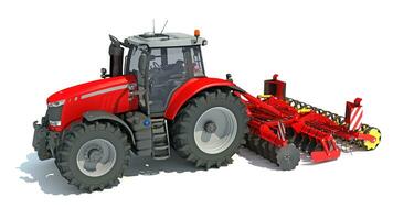 Farm Tractor with Seed Drill 3D rendering on white background photo