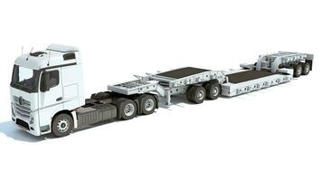 Semi Truck with Lowboy Platform Trailer 3D rendering on white background photo