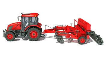 Tractor with Seed Drill farm equipment disc harrow 3D rendering on white background photo